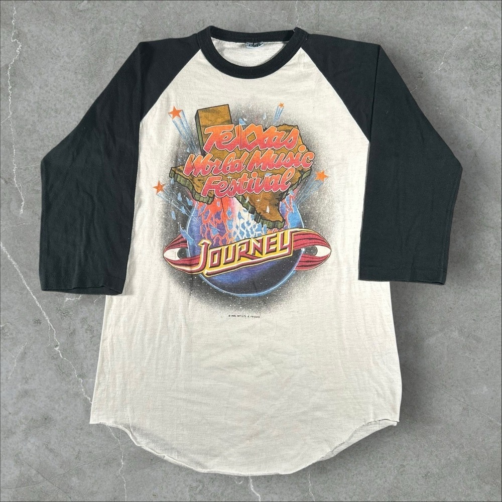 Vintage Journey Shirt Mens M White Raglan Texxas World Music Fest 1982 Concert